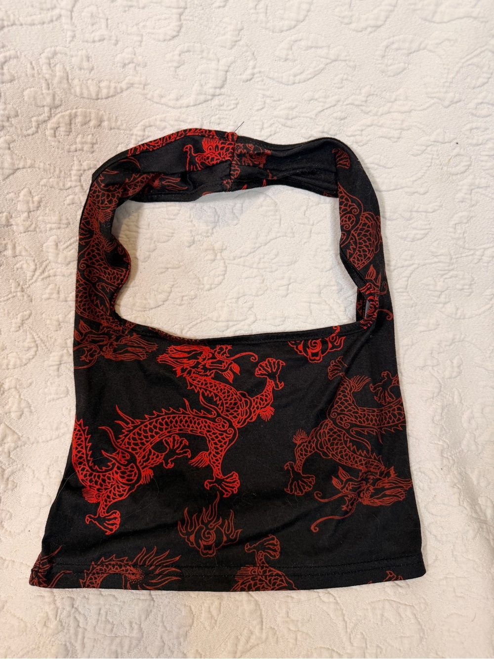 Black Crop Top with Red Dragon Print